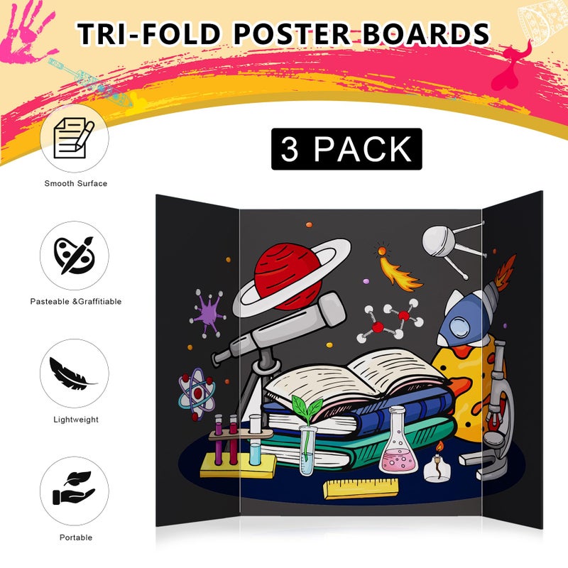 HAUTOCO 3 Pcs Small Trifold Poster Board 21 x 14 inches Tri Fold Presentation Boards Black Corrugated Project Boards for Science Fair  School Project  Event Displays  Business - Image 3